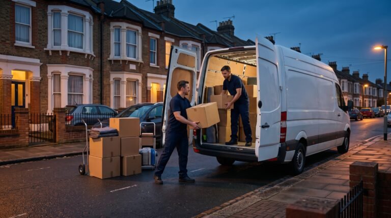 Movers loading boxes into a van outside a British house